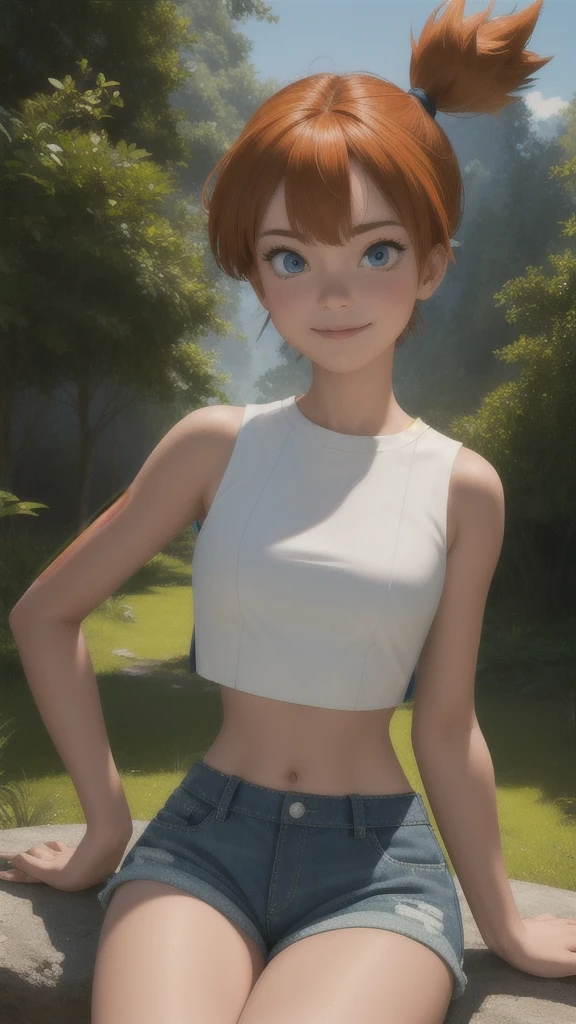 pkmnmisty, 1girl, solo, blue eyes, orange hair, short hair, side ponytail, bangs, hair tie,
white shirt, crop top, sleeveless, short shorts,
smile,closed mouth,cowboy shot,sitting,
forest,outdoor,
(insanely detailed, beautiful detailed face, masterpiece, best quality) cinematic lighting,