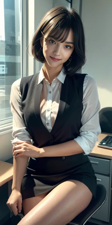(8k, best quality, masterpiece:1.2), (realistic, photo-realistic:1.37), ultra-detailed, 1 girl,cute, solo,beautiful detailed sky,detailed office,night,sitting,(nose blush),(smile:1.15),(closed mouth) , medium breasts,beautiful detailed eyes,(collared shirt:1.1), night, wet,business attire, rain, (short hair:1.2), pureerosface_v1, computer, detail finger, beautiful detailed face,