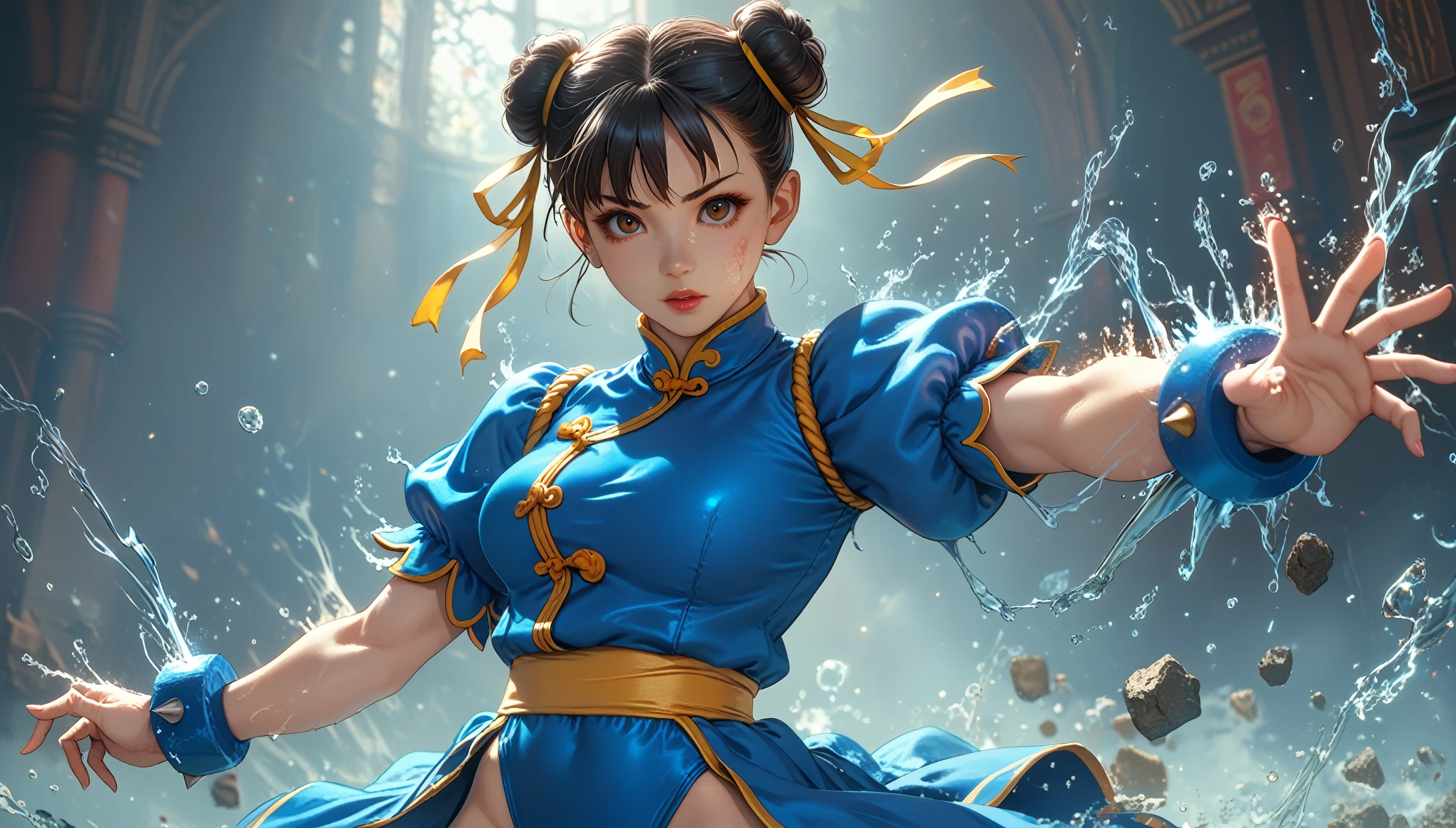 score_9, score_8_superior, score_7_superior, break, score_9, One girl, Chunli (\Street Fighter)\, Black Hair, Brown eyes, makesuperior, eyelash, short hair, chest, View your viewers, Standing pose, lips, alpha_Costumes, Blue bodysuit, Blue leotard, Blue Vest, No sleeve, Cowboy Shot, From behind,
