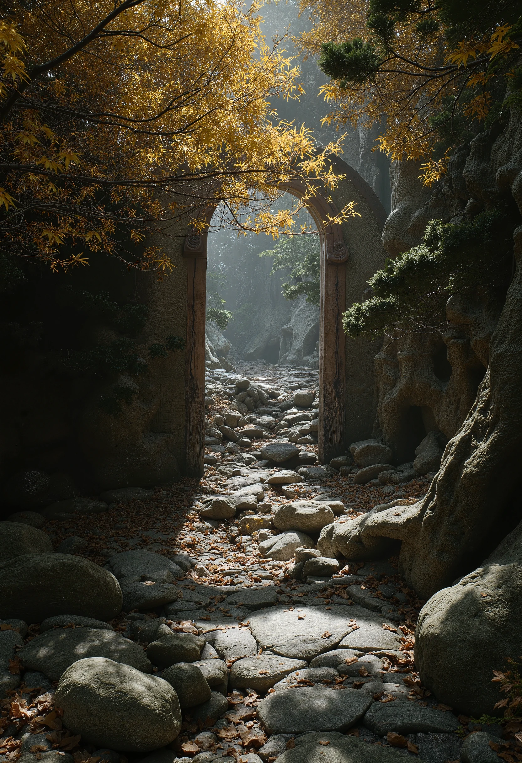 brush_art, mystical forest, towering ancient trees with golden leaves, a hidden path lined with glowing stones, leading to a portal swirling with ethereal light, casting shadows over a serene lake below.