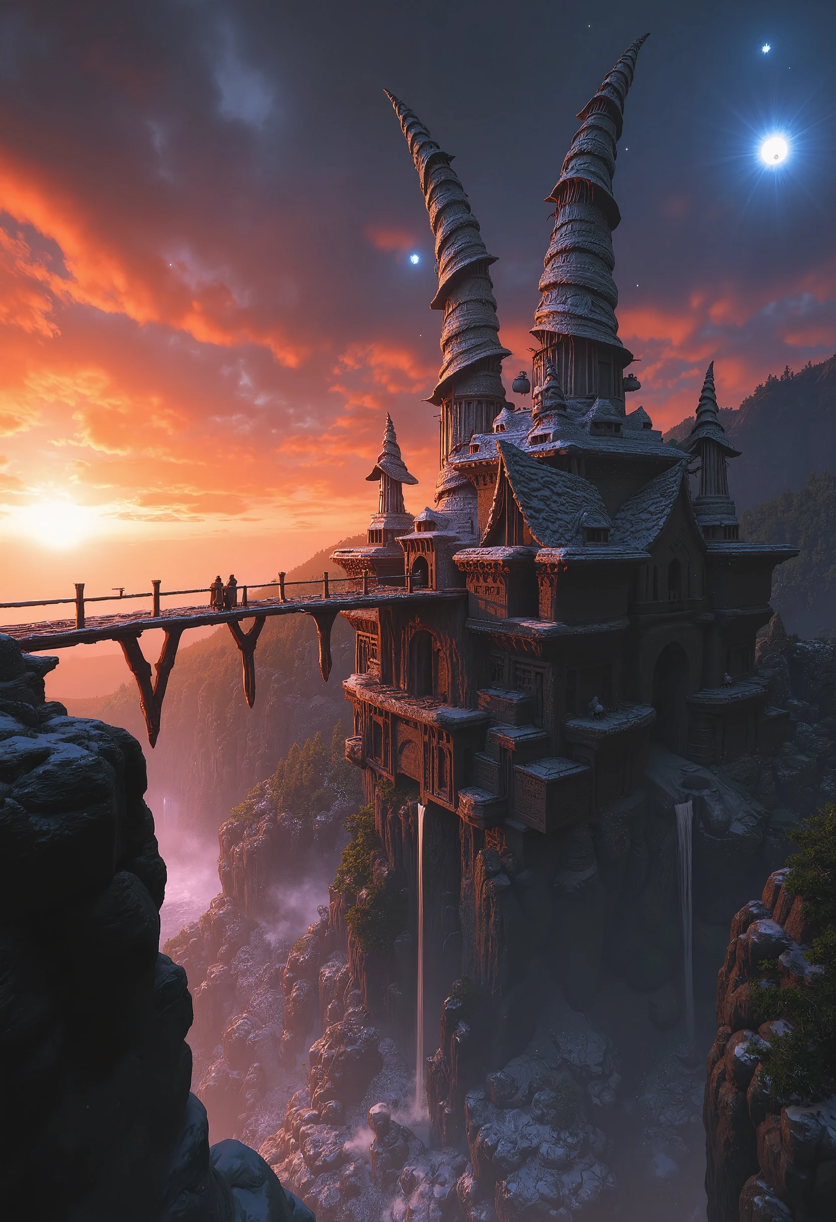 brush_art, vibrant sunset, a floating castle with spiral towers rising into the clouds, surrounded by glowing orbs of magic, a shimmering bridge leading from the edge of a cliff, connecting worlds.