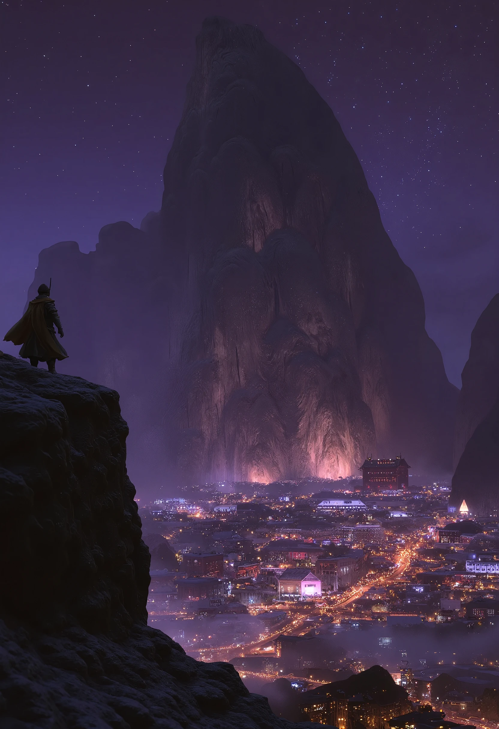 brush_art, a towering mountain, a lone warrior stands at its peak, gazing at the glowing city below, its streets illuminated by enchanted lanterns, while stars twinkle in the purple sky above.