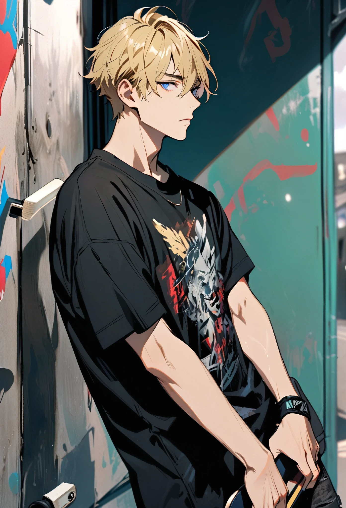 solo, handsome, 1 male, short hair, blond hair, blue eyes, black shirt, skateboard