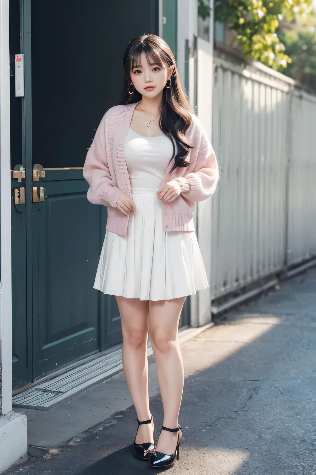 (((No background、Gradient Background)))、((Super detailed、Clear Image)),((Delicate Hair)),((masterpiece, Best Quality)),(超High resolution, 8k,16k wallpaper, High resolution),(((whole body))), ((Small breasts)),Perfect Anatomy,Masseter muscle area,Realistic skin and muscles,Detailed skin,Awards, 非常にDetailed skin,One Girl,close 、Flared skirt and cardigan、(((Each hair is detailed、J-pop風Clear Image)))、Detailed and vibrant background、Natural light with less redness、The face is fully RoLA compliant、((Plump, Plump顔))、((Mild double chin))、(((black shoes)))、