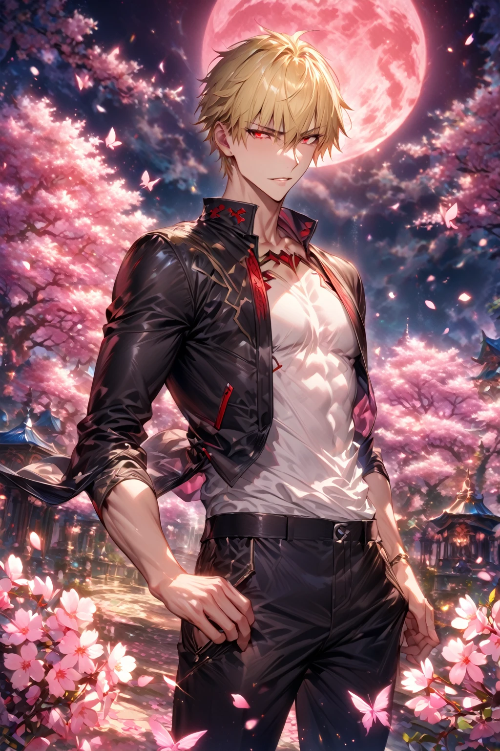 absurdres, highres, ultra detailed, HDR, master piece, best quality, detailed eyes, detailed face, Gilgamesh, blonde hair, short hair, expressive red eyes, Fate Grand Order, fantasy, magical, solo, sexy man, adult face, handsome, sensual, adult, black jacket with white trimmings, white T-shirt, black pants, fantasy, magical, pink butterflies, garden, pink moon, cherry blossoms, pink petals, pink flowers