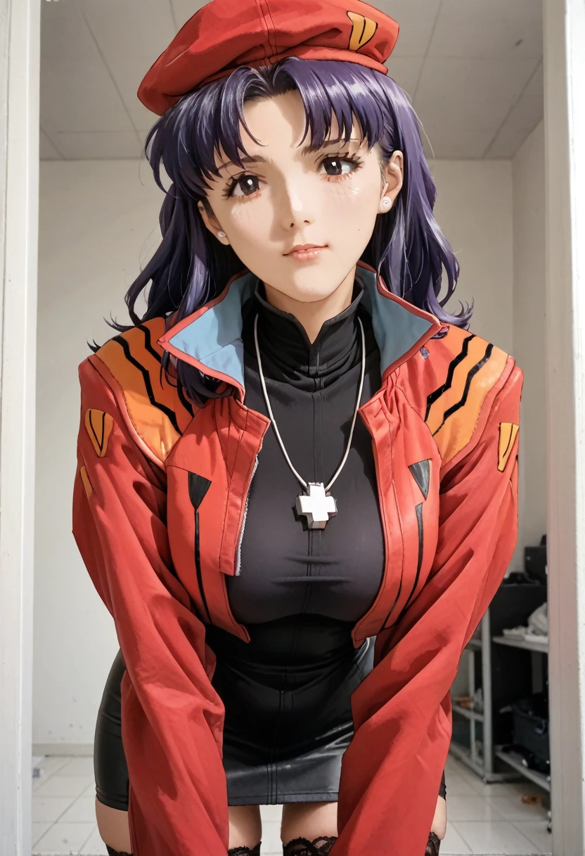 1womanl, attire: Black Bodycon、 short black tight dress, Black eyes, Purple hair, Medium Hair, make up, cross necklace, tall, Slim body, Misato katsuragi (nffsw), (((Misato katsuragi))), Indoors, NERV、Operation control room, (((Front view))), Looking at Viewer, lovely thighs, Perfectly detailed face, large breasts, slim waist, slim body, thick thighs, Masterpiece 1.1, Trending on ArtStation, pixiv quality, (((fine art:chin))), Intricately detailed, ultra graphics, SFW version, (((Mature 1.1))), attire: jacker, Red jacket, red bullet hat, black lace stockings, leaning forward、Symmetrical face