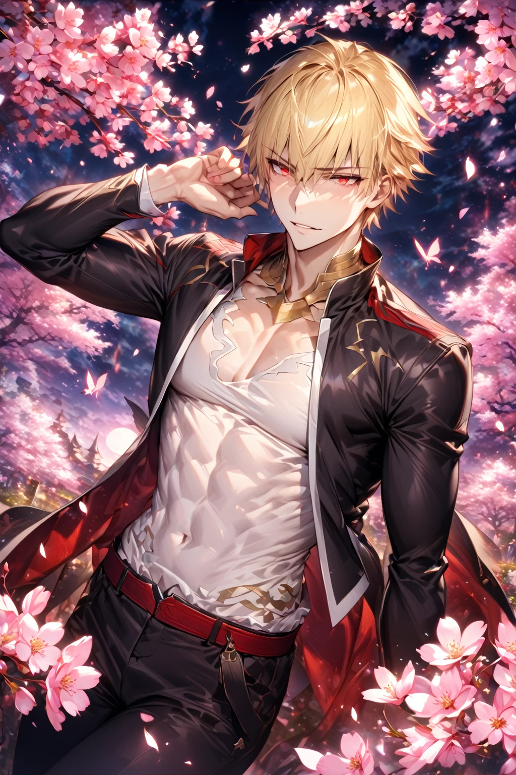 absurdres, highres, ultra detailed, HDR, master piece, best quality, detailed eyes, detailed face, Gilgamesh, blonde hair, short hair, expressive red eyes, Fate Grand Order, fantasy, magical, solo, sexy man, adult face, handsome, sensual, adult, black jacket with white trimmings, white T-shirt, black pants, fantasy, magical, pink butterflies, garden, pink moon, cherry blossoms, pink petals, pink flowers