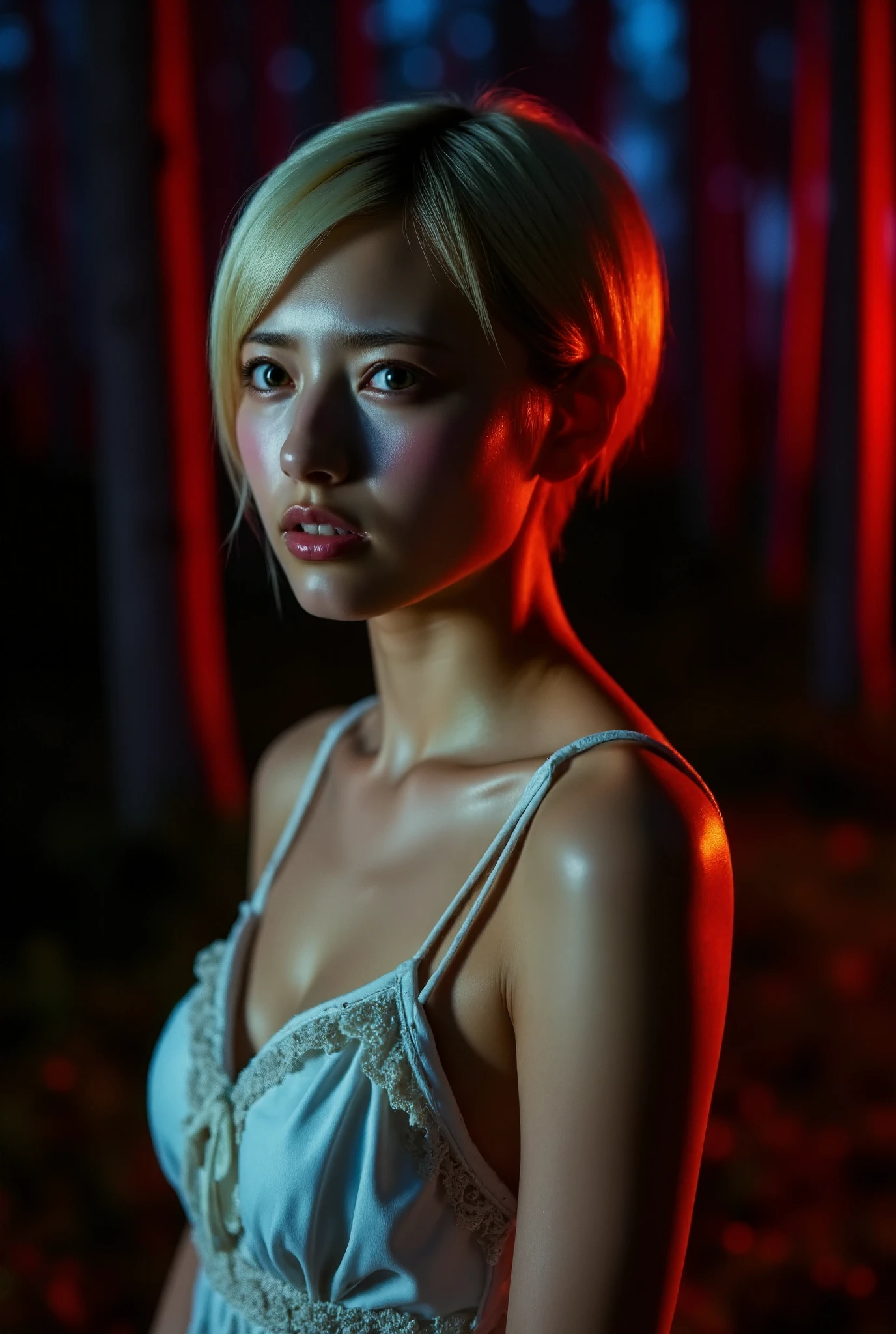 a hyper realistic full body [face, arms, legs] photography of a crying young beautiful woman;;5, deep stained red forest by night::4 , scared, dressed whith old white torn dress stained red, blond short hair::5 , hair are shaved on the right side::3 , beautiful green eyes, ultra hdr, 36k, 1200DPI, extremely detailed, red an blue lights, 3d, 3d rendered!!4, Octane::4