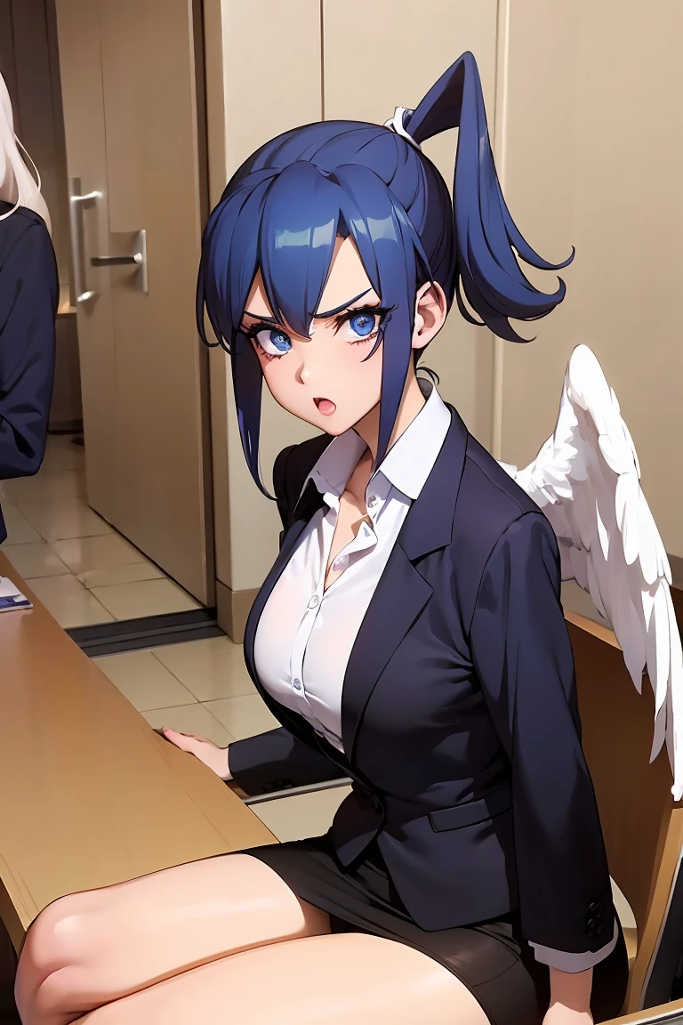 1 person,Wings of Wind, Mature Woman,Blue Hair, Long Hair, bangs, Eyeshadow, Low Ponytail, , Compensate, Detailed face, blue eyes,Big Breasts, Black Jacket, White shirt, The chest is exposed,Surprised face,Suit skirt,Office,Spread your legs,Ahegao 1:4,On the table,