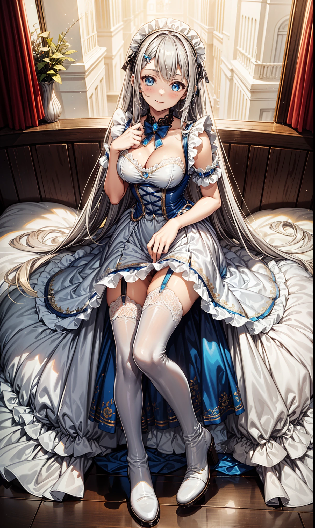 Teenage Girl，obsessed，have fun，in love，(White transparent maid costume，Long skirt)，Brown special hairstyle，Blue Eyes，Transparent clothes，Exquisite hair accessories，Transparent lace，Sky blue pattern，night，Dress nicely，bedroom，solitary，night，Engraved suspender boots，Beautiful face，