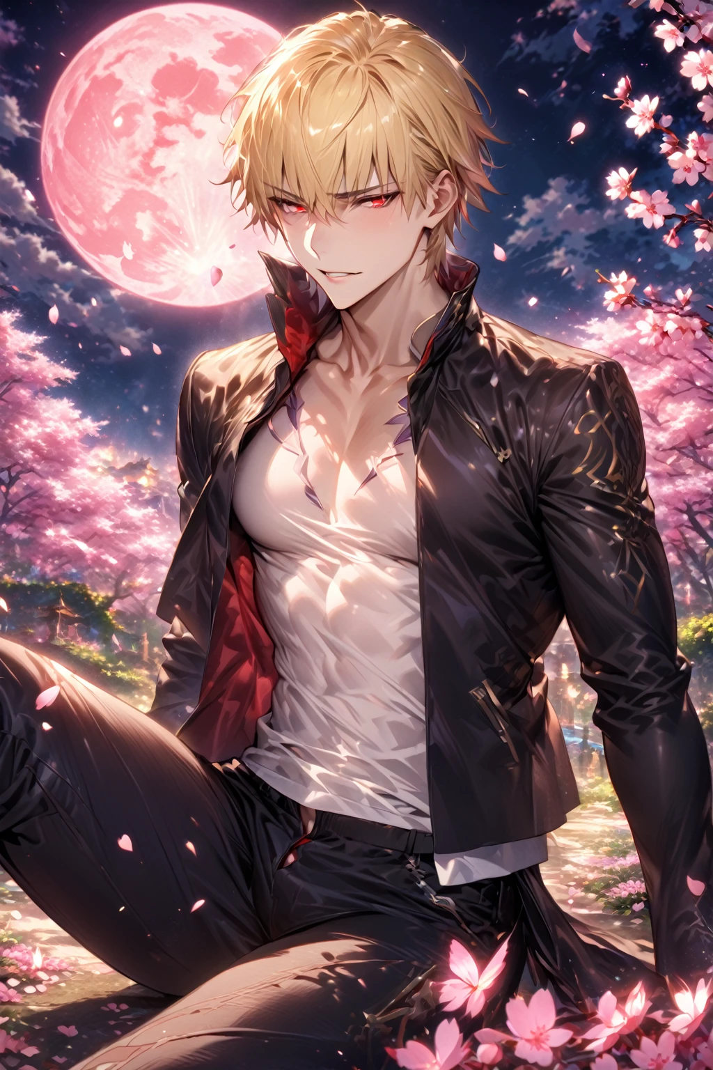 absurdres, highres, ultra detailed, HDR, master piece, best quality, detailed eyes, detailed face, Gilgamesh, blonde hair, short hair, expressive red eyes, Fate Grand Order, fantasy, magical, solo, sexy man, adult face, handsome, sensual, adult, black jacket with white trimmings, white T-shirt, black pants, fantasy, magical, pink butterflies, garden, pink moon, cherry blossoms, pink petals, pink flowers, sitting