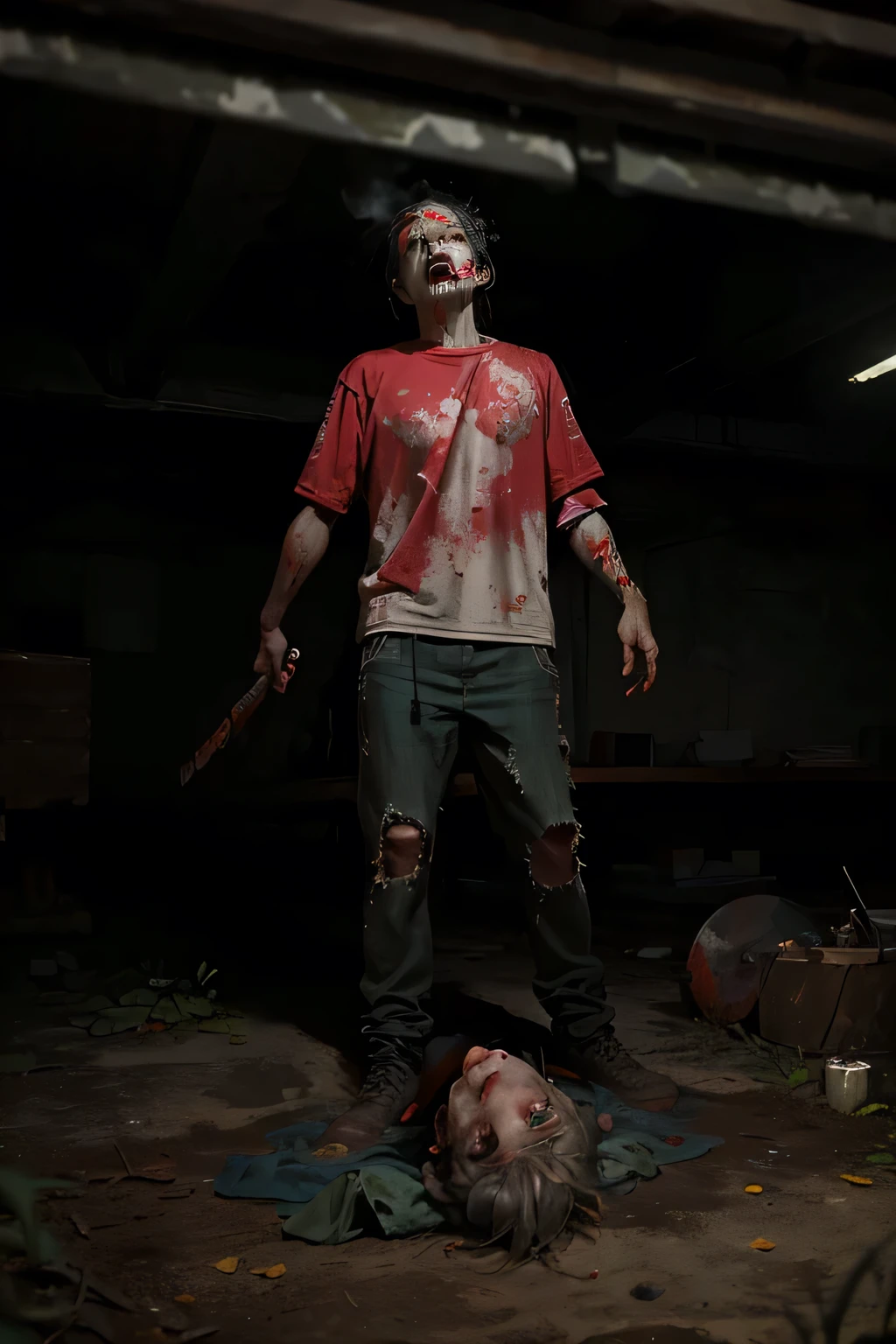 (Best quality, 8k, 32k, Masterpiece, UHD:1.2) Create a chilling scene featuring a zombie slasher villain that embodies the menacing horror aesthetic typical of classic horror movies. The character should appear as a decaying, undead figure with gruesome, decomposed flesh hanging from their skeletal frame. Their clothes are tattered and stained with dried blood, suggesting they have been terrorizing victims for a long time. The zombie’s face is twisted into a grotesque expression, with hollow, sunken eyes that gleam with a sinister, undead intelligence. Ragged skin barely clings to their skull, and their teeth are sharp and exposed, as if ready to rip into their next victim.
The scene is set in a dimly lit, abandoned warehouse or a desolate, fog-filled forest, adding to the eerie atmosphere. Shadows play across the ground, and a faint, sickly green light seems to radiate from the zombie, emphasizing their supernatural presence. Nearby, there are signs of recent violence: blood spatter on the walls, a broken weapon lying on the ground, and scattered remnants of the zombie’s previous victims, such as torn clothing and discarded personal items.
The air is thick with tension, and a faint sound of heavy breathing or dragging footsteps can be heard, heightening the sense of dread. Mist swirls around the zombie slasher villain, almost as if it’s alive, curling around them and further obscuring their form. The overall scene should evoke a sense of fear and suspense, as if the zombie slasher villain is about to strike again, lurking in the darkness and waiting to unleash their next attack.