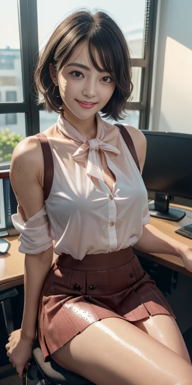 (born, Best Quality, masterpiece:1.5), (Photorealistic, Intricate details:1.2), Ultra-high resolution, Absurd,
One girl, Beautiful Face, Detailed eyes, Symmetrical eyes, Light on the face, Nose blush, short hair, Idol, Black hair tie, 
clk, vest, , Pencil Mini Skirt, Pink perforated bra, Silk scarf, Black Pantyhose, smile, Small depression, Sexually provocative, 
Medium chest, Slim waist, Thin legs, 
sitting in a chair in front of a desk, Perfect body, Good ratio,Open legs、
Staring at the audience, 
(Office, indoor, hyper Detailed Background:1.2), Japan, Copy machine, File Cabinet, computer, monitor,Ultra-transparent clothing、
Shiny skin, Realistic skin texture, Skirt Lift、
Natural lighting, Best Writing, Detailed Background, Detailed Shadows, Sharp focus, Saturated, High Contrast, Intense light and dark