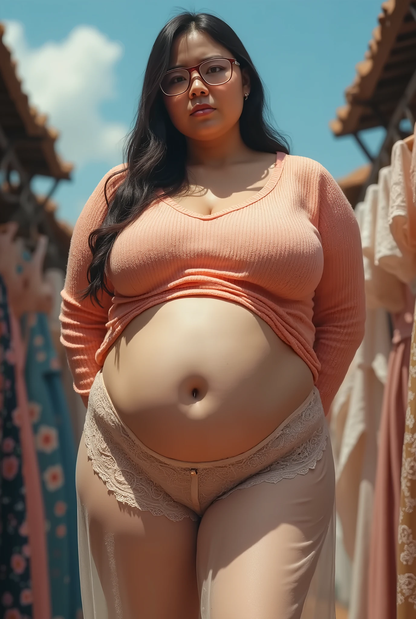 a slender young female, visible abs, full body shot, right profile, (severely obese:1.5), highly detailed, photorealistic, 8K, realistic lighting, cinematic composition, dramatic pose, piercing eyes, natural skin texture, dramatic shadows, warm golden hour lighting, realistic skin pores and imperfections, detailed clothing folds and wrinkles