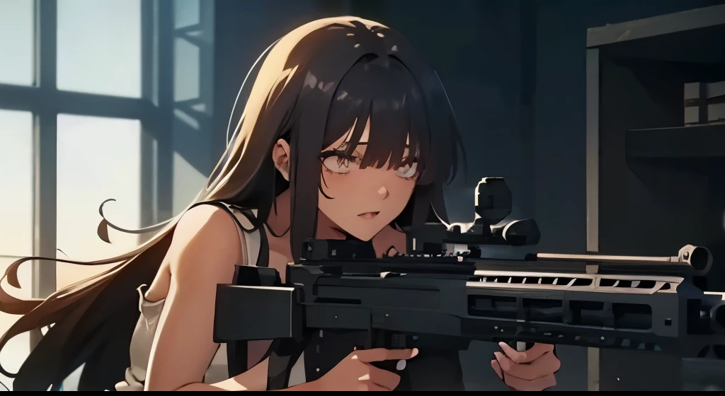 anime screen cap、darkskinned、Hair over one eye:1.5、asymmetrical bangs、Very long hair、A dark-haired、Tank Tops、shortpants、Long Sniper Rifle、Have a gun