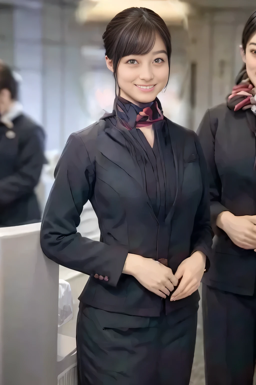(masterpiece:1.2, Best Quality:1.2), 32K HDR, High resolution, (Alone、1 girl)、(JAL cabin crew uniform realistic style)、 (At the airport counter, Professional Lighting)、A proper woman, Beautiful Face,、(黒のJAL cabincrew uniform)、(Long sleeve JAL cabin crew uniform)、(Scarf around the neck)、Big Breasts、(Long hair upstyle、Hair tied up)、Dark Brown Hair、((Great hands:2.0)),((Harmonious body proportions:1.5)),((Normal limbs:2.0)),((Normal finger:2.0)),((Normal eyes:2.0)))、On the roof of a building, Rooftop during the day,blue eyes、Beautiful position、smile、Hands clasped underneath