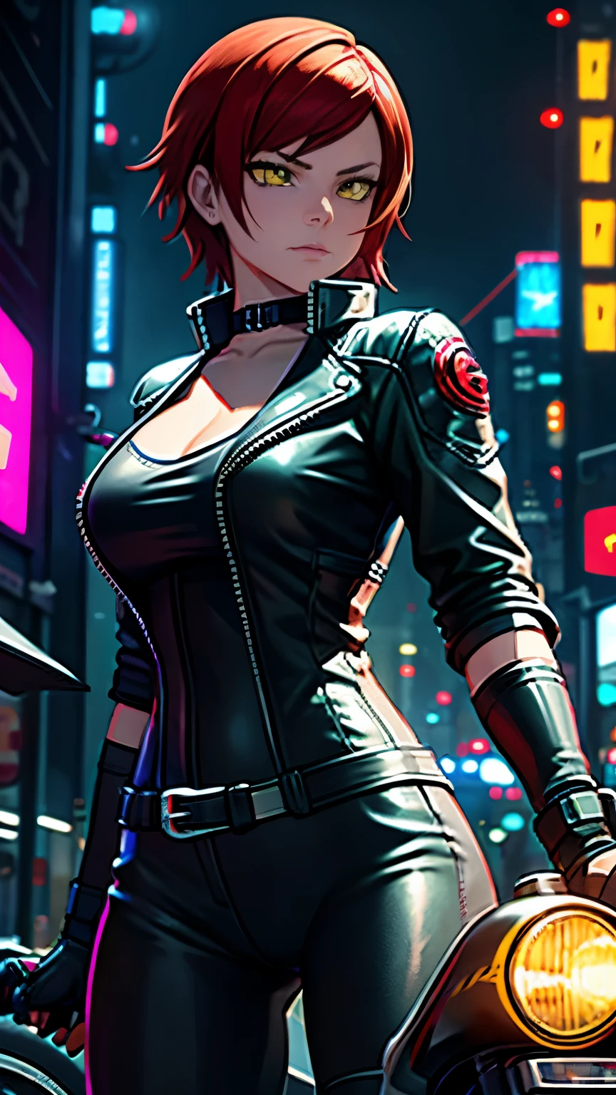 biker girl, motorcycle, Leather garment, Short hair, yellow glowing eyes, Dark colors, leather waist, ultra detailed face, long eyelashes, skinny, Cyberpunk, Neon lights, Red hair, long boots, tightsuit, Night, the city street, mitts, rain