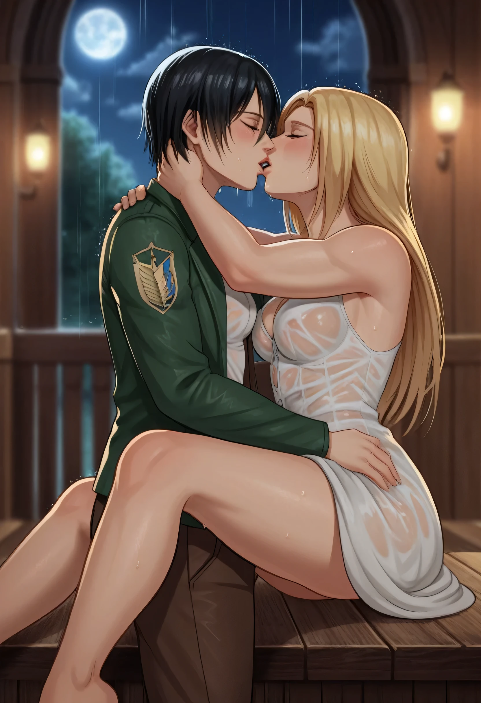 score_9, score_8_up, score_7_up, BREAK source_anime, historia reiss, blue eyes, blonde hair, long hair, medium breasts, long white dress sleeveless,female black hair soldier hugs historia,Mikasa with historia hugs,mikasa wreanig open green jacket and black combat pants,Mikasa female with short hair,mikasa female medium breasts,eyes closed,in night,moon in sky,mikasa final season,mikasa,Mikasa hugs historia،mikasa femboy,mikasa final season,historia blonde hair,hugs and kissing,mikasa carrying historia and kissing her,Mikasa lifts Historia up and kisses her.in middle night,raining outside,mikasa final season,girls kissing,girl×girl,lesbians,yuri,romantic wallpapers,historia sitting on mikasa and kissing her,Mikasa in both hands touch historia ass, raining,wet body's,water dropped on mikasa and historia body's,mikasa final season design,character's from season 4,historia crying while kissing mikasa,crying both,one of Historia hands touch mikasa abs,romantic kissing,wet clothes,deep hugs,Perfect generation, mikasa and historia soo white skins,4k,mikasa wreanig chains necklace,six-pack appearance in mikasa open green jacket 