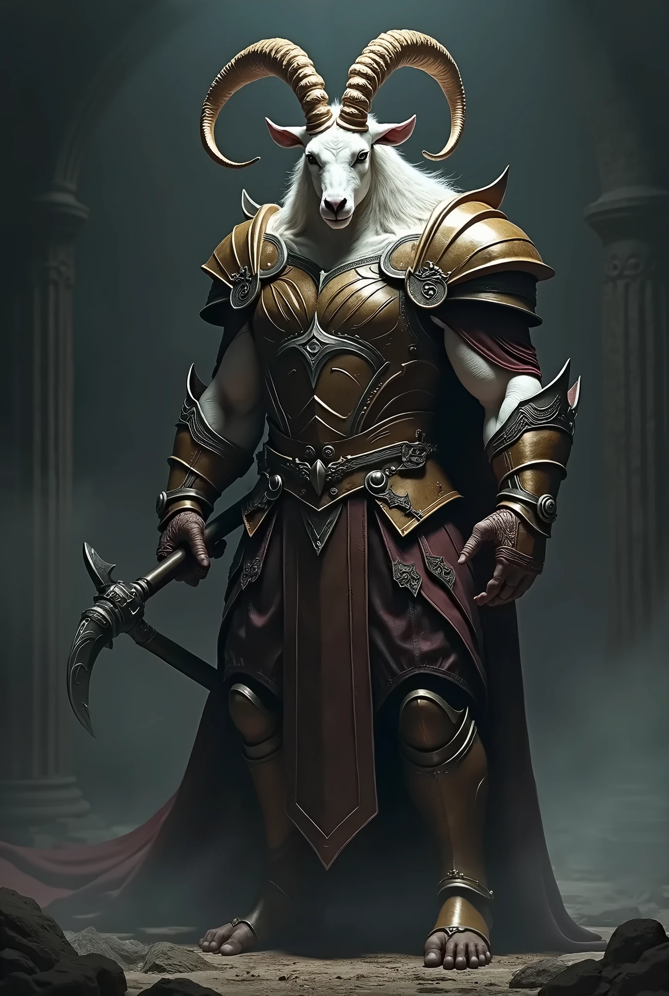 Male general with a goat's head,full bodyesbian,Wearing armor,handheldweapons,4K,k hd,tmasterpiece,The picture is detailed!