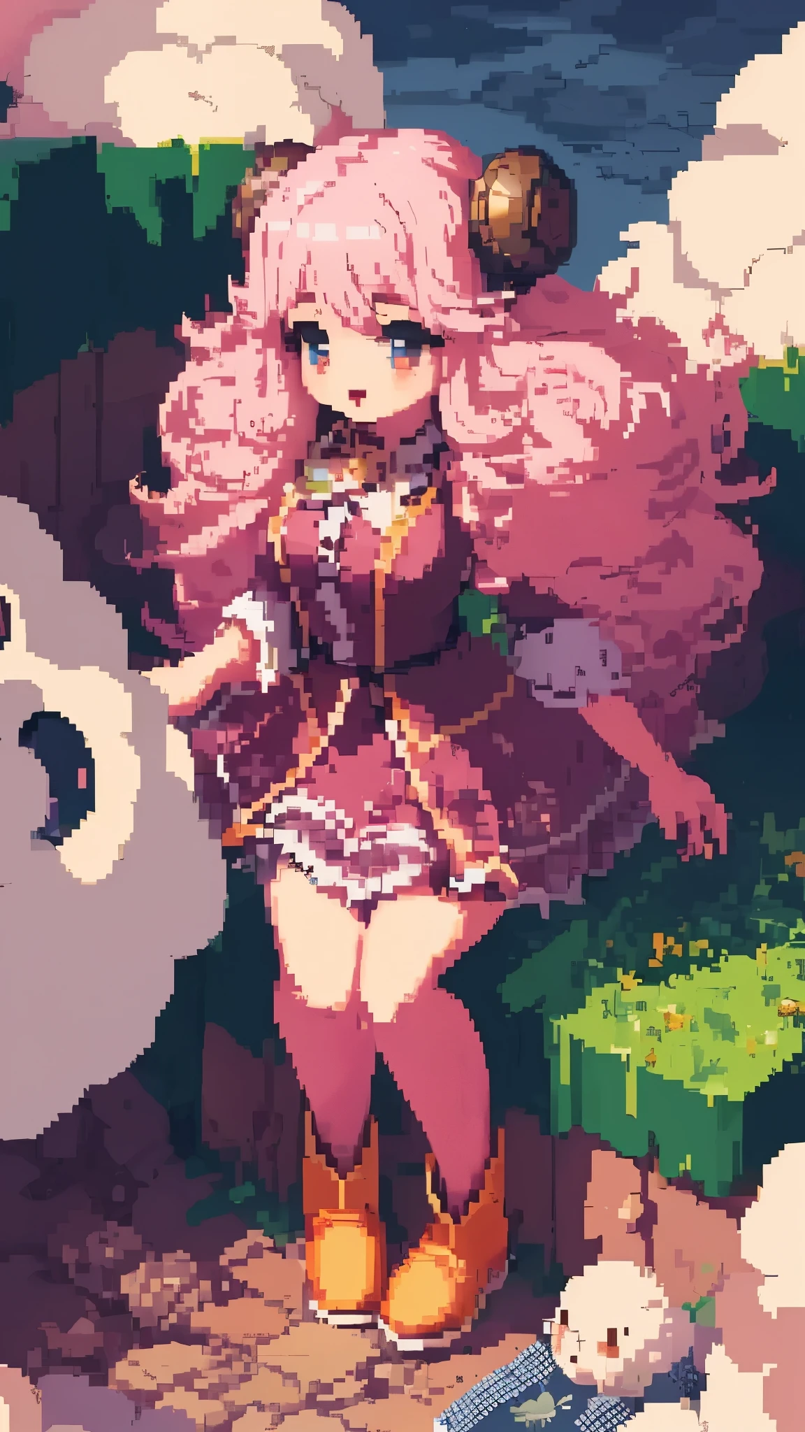 (pixel:1.3),(pixel art:1.3),solo,1girl\(smile, cute, Mouth open, (Fluffy hair:1.5), (hair floating),big eyes,cosmic eyes,Long Hair, hair(sheep wool), Pink Hair, ((glorious hair)), eyebrow, (((Thick eyebrows))), frilled Pink dress, Long skirt, pastel blue Cardigan, Brown short boots, riding on sheep\(fluffy\),\), BREAK ,background\(Fluffy sheeps\(big, cute\),beautiful grassfield,soft sunshine of spring season, (isometric view:1.4), BREAK ,quality\(8k,wallpaper of extremely detailed CG unit, ​masterpiece,hight resolution,top-quality,top-quality real texture skin,hyper realisitic,increase the resolution,RAW photos,best qualtiy,highly detailed,the wallpaper,cinematic lighting,ray trace,golden ratio,\), (close-up girl:1.3)