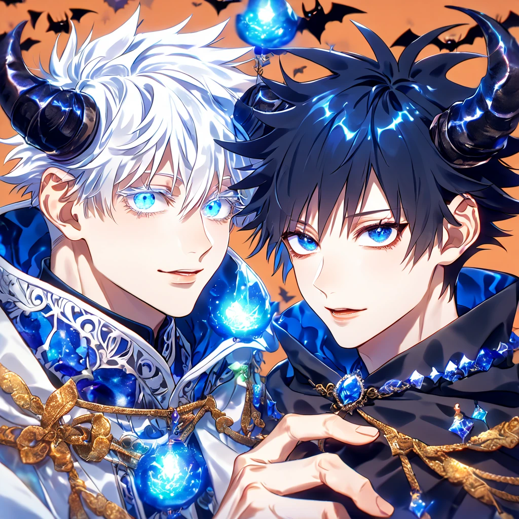 Ultra detailed, HDR, Highres, absurdres, master piece, detailed eyes, detailed face, Gojou Satoru, white hair with bangs, expressive blue eyes, white eyelashes, Fushiguro Megumi, black hair, expressive blue eyes, white haori, black cape with fur, demon, black horns, Jujutsu Kaisen, shining blue pumpkins, fantasy, magical, two man together, gay couple, yaoi, handsome, bats, Halloween, blue moon, blue flames, blue fireflies, demon tail, crystal light, fancy clothes