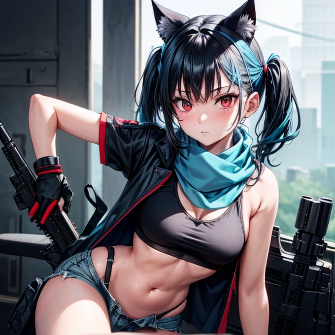 A girl with dark blue hair, cat ears and a tail, wearing a black bikini and racing pants　Loli body type　　Twin tails　　　　Flat Chest　Wearing a hoodie　Butt in detail　Holding an assault rifle