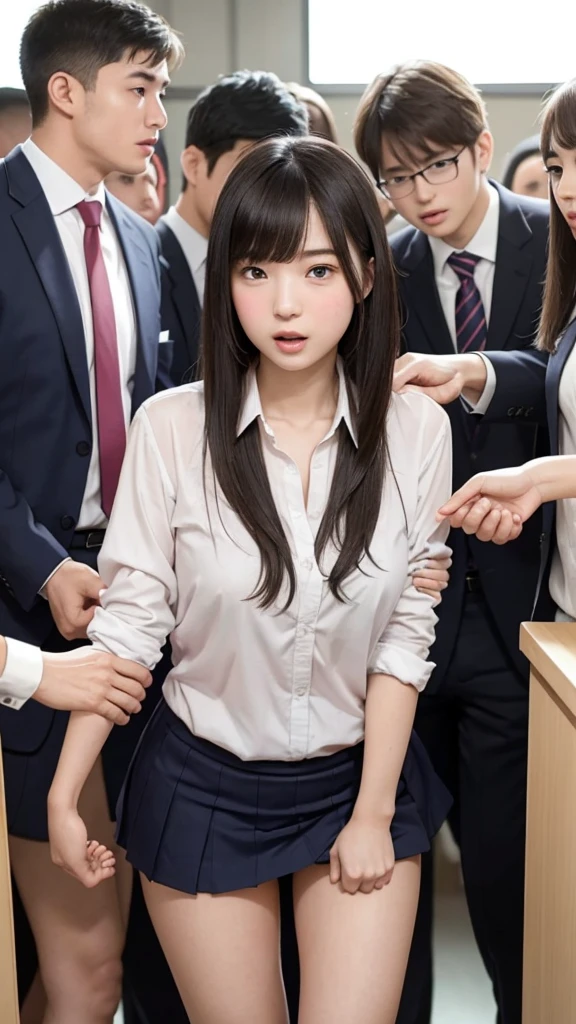 high resolution, photorealistic, hyperrealism, ultra sharpness, detailed eyes, best light, BREAK, 1girl, japanese, idol, kawaii, 18yo, silk skin, (black_business_skirt_suit, black jacket, black pencil skirt, white shirt:1.3), (office:1.4), BREAK, looking at viewer, (nsfw:1.5), (sex with multiple men:1.5), (gangbang:1.7), vaginal, penis in pussy, testicles, pov