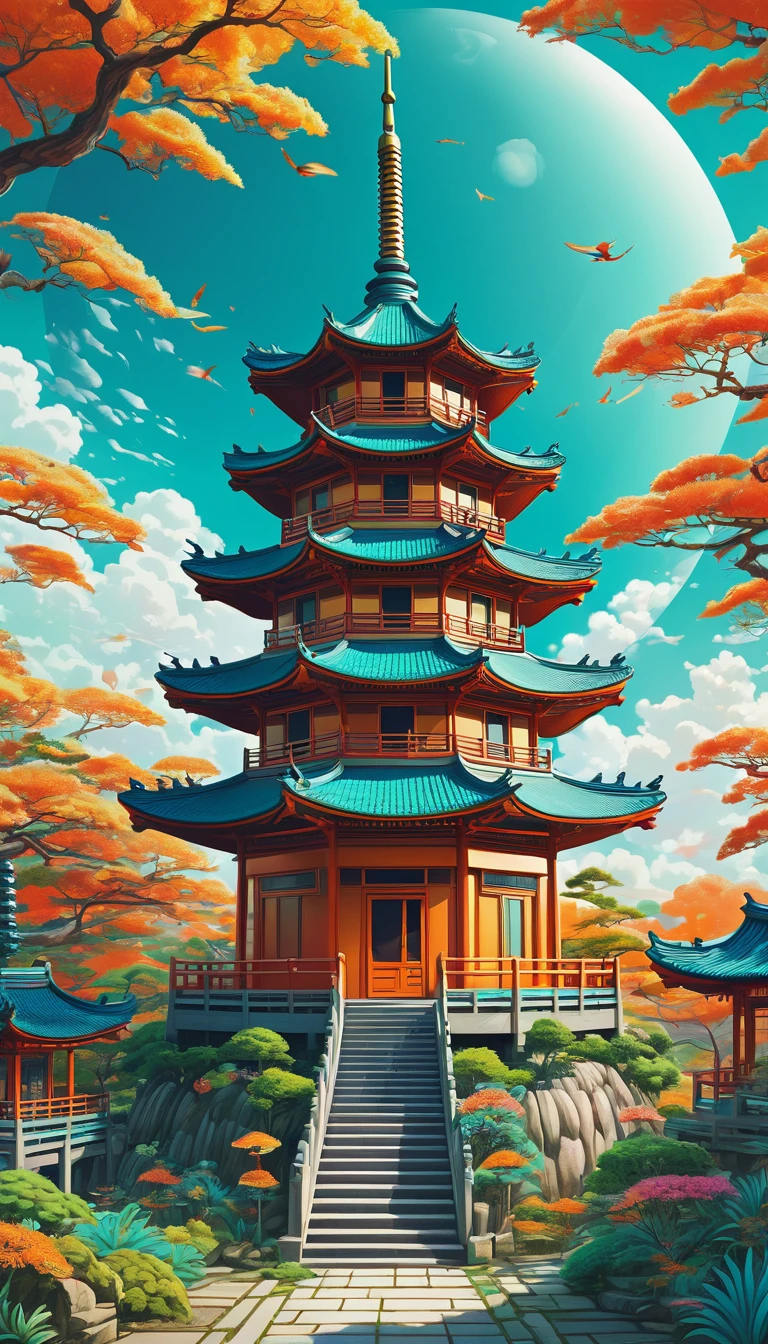 illustrated by Guo Chao anime style:1.5, Poster design, In the style of psychedelic color schemes., hyper-detailed illustrations, 16K, A painting of a pagoda in the afternoon., in the style of graphic design-inspired illustrations, circular shapes detailed botanical illustrations, I can use light cyan and orange.&#39;I can&#39;t believe how beautiful it is, Mythological influences, high quality chinapunk, Super detailed, Super exquisite, 8K, a woman in a night city, wind blowing, Wearing a black leather jacket, Cat woman, rogue, Whip, (illustration of a windy scene), intricate details, highly detailed facial features, dramatic lighting, neon city lights, rain, wet environment, moody atmosphere,1 girl, Sunglasses, alone, has, lipstick, red lips, long rosado hair, eyes of water, Floral print dress, Plunging neckline, make up, earring in his ears, bracelets on their hands, pearl necklace on her neck, big breasts, cleavage, Looking at the viewer, arms behind the back, ulzzang, portrait, sexy, submissive, ((seductive)), ((intense blush)), shy, harassing, sharp focus, ((shiny skin)), ((naughty girl)), Create a digital work of art in pop art style, featuring a vibrant and confident europea woman with bold make up and colorful fashion, She is sitting, legs apart, cinematic color scheme, Surrounded by vintage floral patterns.., energetic brushstrokes,The environment must be dynamic., upper body, drawing, illustration, grayscale, tropical, , vintage plants, many flowers, vector