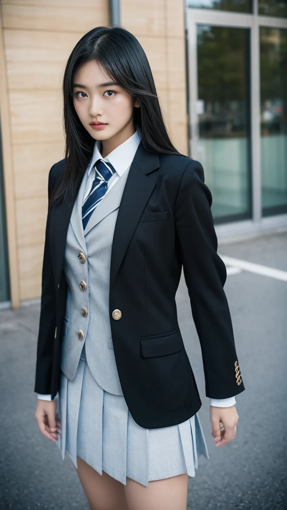 woman、(Japanese high school student blazer uniform), スポーティなwoman、Large Breasts、Full Body Shot、Center parted long black hair、Cool vibe、Slanted Eyes、Threatening、Looking at the camera、Perfect Style、High image quality、High resolution、High resolution, masterpiece, Anatomically correct, 超High resolution, Textured Skin, Alone, Background street、Angle from the front、