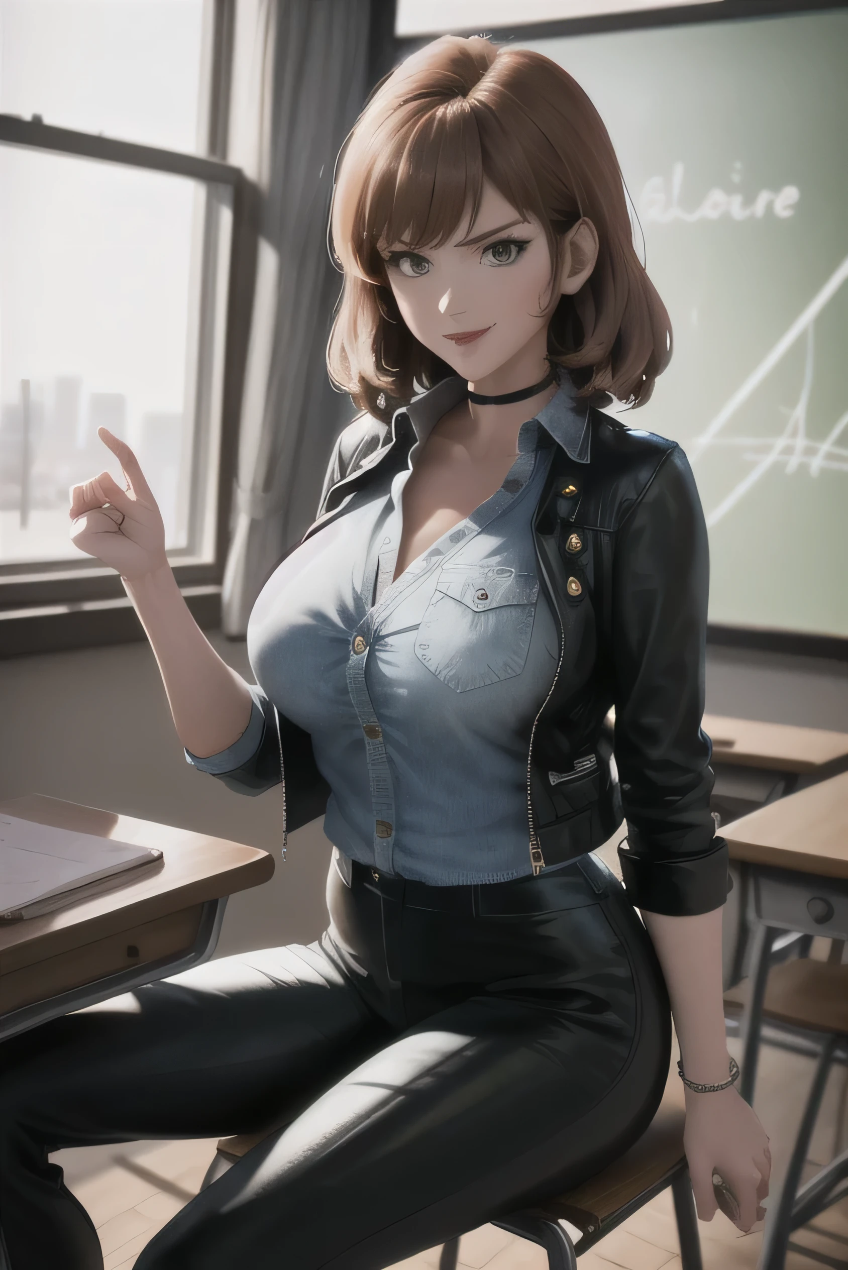 masterpiece, best quality, absurdres, 1girl, FujikoMine, in leather pants, medium hair, black choker, collared shirt, denim shirt, sleeves rolled up, black leather pants, sitting, outdoors, on classroom, smile,  big breasts, sexy, standing
, black leather jacket
