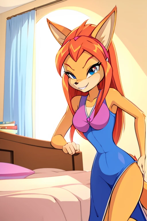 sam, totally spies, orange hair, green eyes, doggystyle position, white skirt, pink top, skinny, smile, half-closed eyes, solo girl, room, bare shoulders, top-tank, heart eyes, lying down, cum on butt