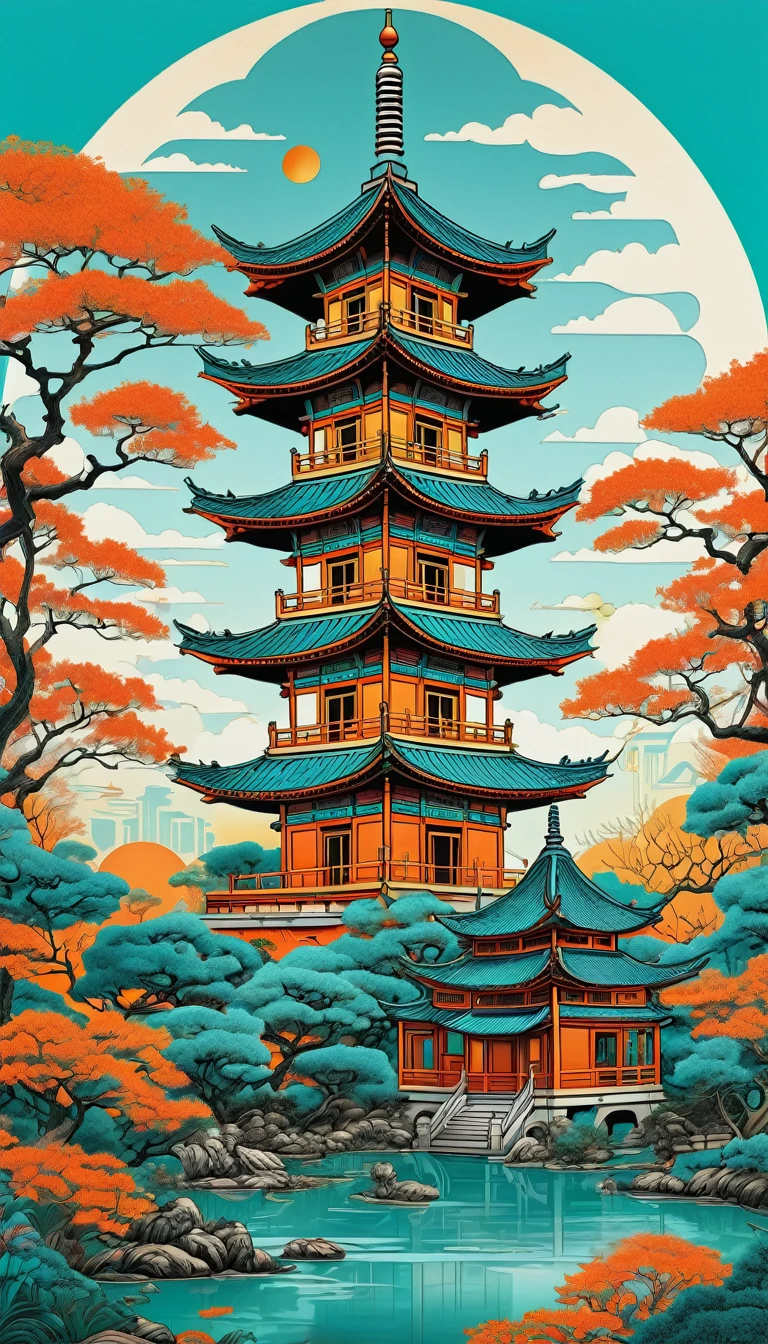 illustrated by Guo Chao style, Poster design, in the style of psychedelic color schemes, hyper-detailed illustrations, 16K, A painting of a pagoda in the afternoon, in the style of graphic design-inspired illustrations, circular shapes detailed botanical illustrations, light cyan and orange i can&#39;t believe how beautiful it is, Mythological influences, high quality chinapunk, Super detailed, Super exquisite, 8K, 1 girl, Sunglasses, Alone, has, lipstick, red lips, long cyan hair, eyes of water, dress with floral print, Plunging neckline, make up, earring in his ears, bracelets on their hands, pearl necklace on her neck, big breasts, cleavage, Looking at the viewer, arms behind the back, ulzzang, portrait, sexy, submissive, ((seductive)), ((intense blush)), shy, annoy, sharp focus, ((shiny skin)), ((mischievous girl)), Create a digital work of art in pop art style, featuring a vibrant and confident europea woman with bold make up and colorful fashion, She is sitting, legs apart, cinematic color scheme, Surrounded by vintage flower patterns., energetic brushstrokes,The mood must be dynamic., upper body, drawing, illustration, grayscale, tropical, , vintage plants, many flowers, vector