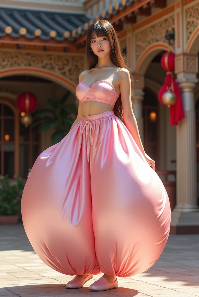 Pretty Japanese girl with super colossal breasts, solo, fullbody shot, brown eyes, brown long straight hair, hime cut, blunt bangs, blunt tips, hourglass figure, gigantic cleavage breasts, J-Cup breasts, Insanely huge gigantic breasts, ginormous breasts:1.6, standing near an Arabian-themed cafe, wearing an Arabian outfit consisting of humongous inflatable satin balloon pants with her belly button completely exposed, gold dance shoes, and a simple satin strapless bra. The outfit is light pink and the pants are extremely puffy and completely round and completely spherical, Best quality:1.3.