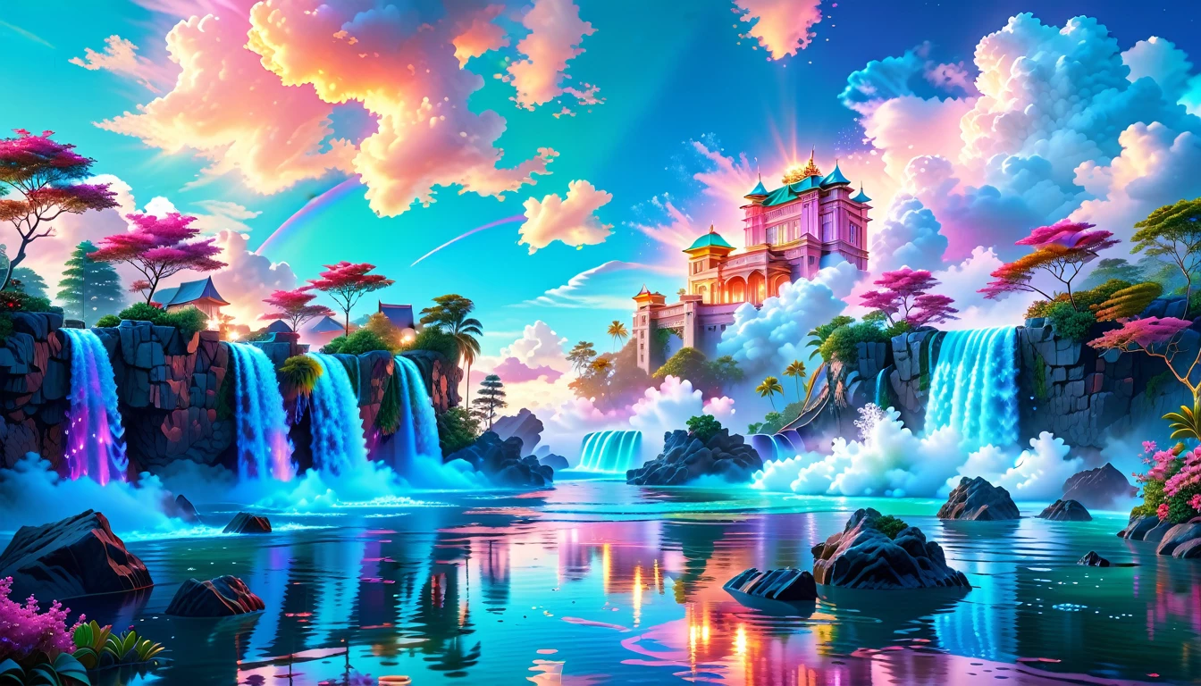 A Masterpiece In 32K Resolution: Supreme Quality, Super Detail, Official Art, Very High-Resolution 32K Wallpaper, Beautiful And Aesthetic, Ultra-Detailed Features, Awe-Inspiring Detail. Experience A Breathtaking Kingdom Filled With Romantic Dreams And Ethereal Beauty. Intricate Floating Islands Hover Over A Serene Landscape, With Fluffy Clouds Drifting Lazily By. A Magnificent Waterfall Cascades From One Island, Surrounded By Lush Greenery And Vibrant Hues, Creating A Surreal Atmosphere. This Hyper-Realistic Illustration Captures The Enchanting Beauty Of The Kingdom, Featuring Soft Pinks And Vibrant Gem Tones. The Colorful Sky Is A Watercolor Masterpiece With Luminescent Elements And Shimmering Rainbow Colors. In True Anime Style, The Scene Showcases Whimsical Soft Lines And Pastel Hues, Exuding Playfulness. Elegantly Designed Buildings Reflect Royalty And Grandeur, While Blue-Green Waters Glisten With Magical Reflections. Small Fantasy Details Like Shimmering Lights Create An Immersive Experience. This Artwork Embodies The Essence Of Fantasy, Inviting Viewers Into A Harmonious Realm Filled With Magic, Beauty, And Endless Possibilities.