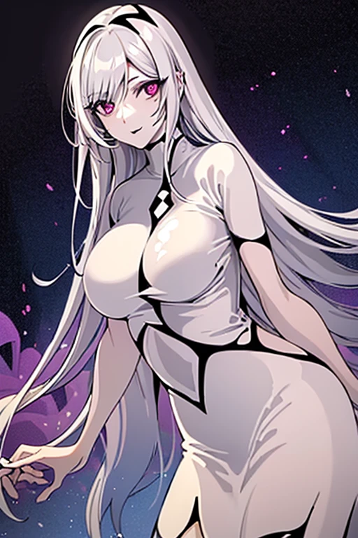 Fantasmatica waifu, with a long tight white dress , by the wide, ojos morados, black lipstick, long white hair blanco, big bust (adventure), high resolution 