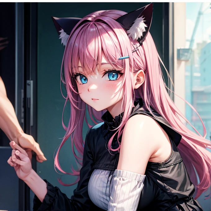 Girl with cat, Black Cat, Pink hair Blue eyes,　Cat ears　