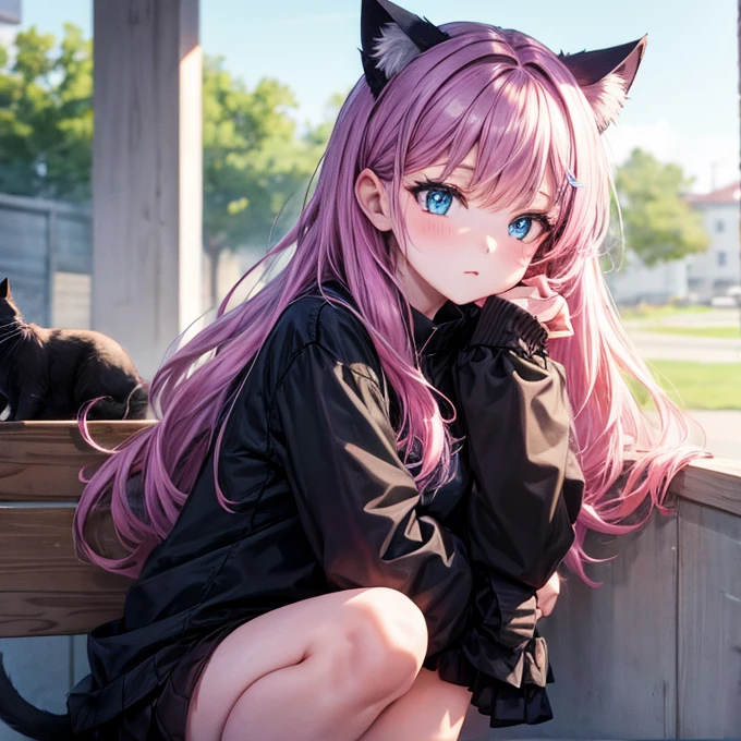 Girl with cat, Black Cat, Pink hair Blue eyes,　Cat ears　