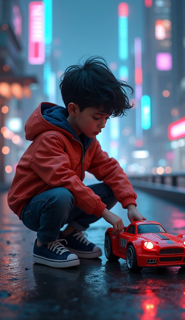 full body, Plano general, A boy playing with his toy cars - 1.4, on a deep balcony, Cyberpunk city in the distance, Cyberpunk colorful clothing, neon, high definition, 8K, masterpiece, (The best quality, 4k, 8K, high resolution, masterpiece: 1.2), ultra detailed, (realistic, photorealistic, photorealistic: 1.37), Detailed beautiful eyes, beautiful detailed lips, Extremely detailed eyes and face, long eyelashes, cinematic lighting, film composition, dramatic lighting, dynamic composition