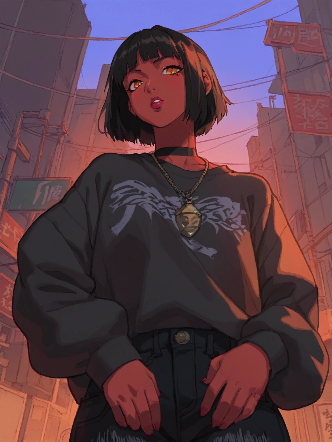 Low angles,Yukinobu Tatsu style,****ung woman, average and athletic build, 1m75 tall,red skin,average musculature, short black hair cut in a bob, amber eyes, hip hop streetwear clothing style,black baggy slim jeans, illustration , street in background,