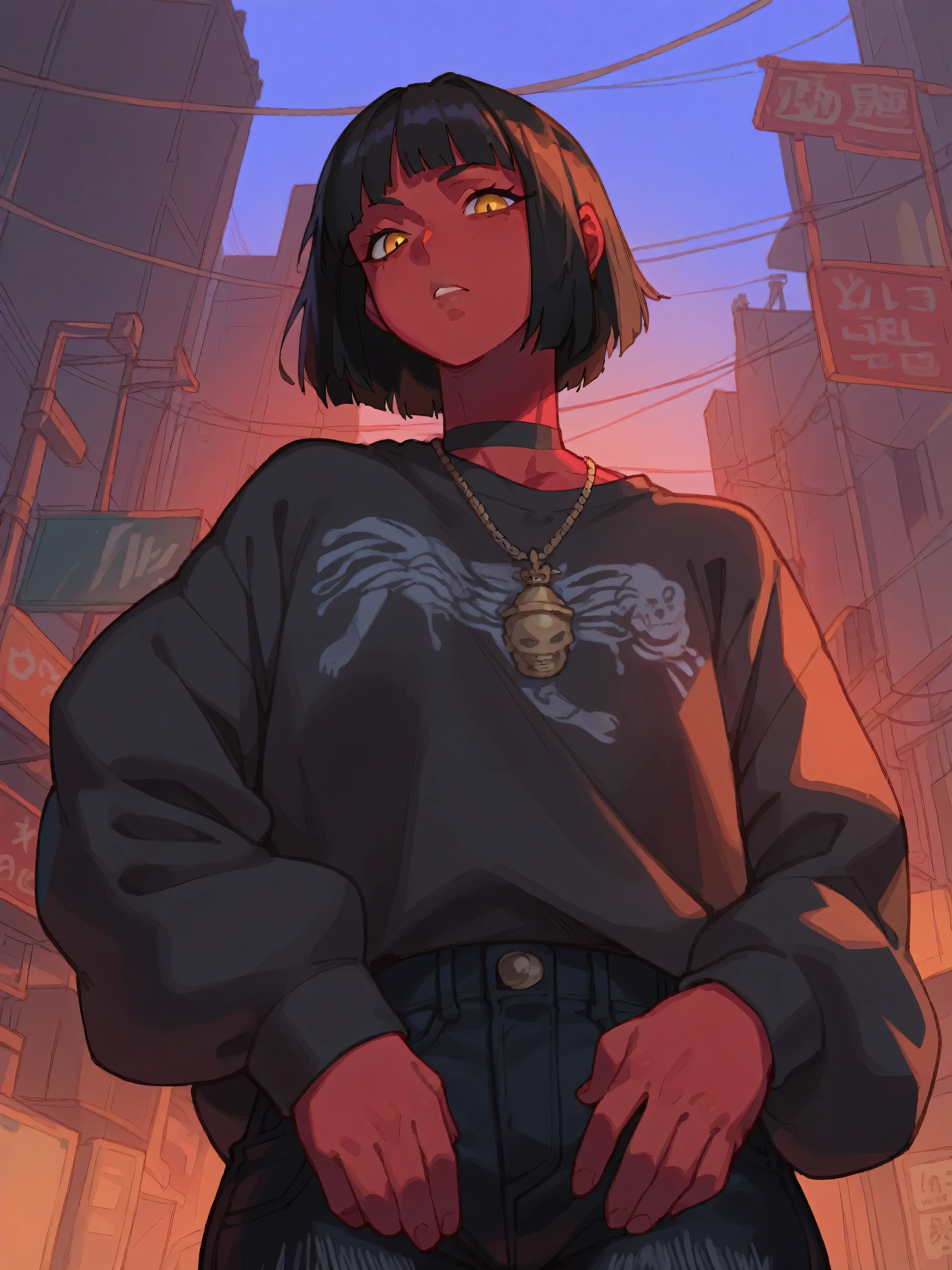 Low angles,Yukinobu Tatsu style,****ung woman, average and athletic build, 1m75 tall,red skin,average musculature, short black hair cut in a bob, amber eyes, hip hop streetwear clothing style,black baggy slim jeans, illustration , street in background,