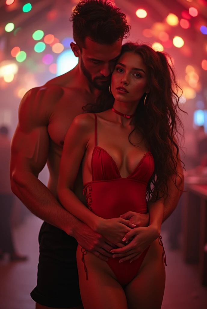 A beautiful Instagram model, long black hair, wearing a beautiful outfit , full body view, ((big boobs)), (hourglass figure), (white girl), detailed face, beautiful eyes, luscious lips, cinematic lighting, photorealistic, highres, 8k, (best quality:1.2), (realistic:1.37) , full body view , with her friend,Handsome 3 caucasian man with desireable features, medium length light brown hair, trimmed sides, clean shave face, BREAK, intriguing green eyes, tall and fit, (athletic:1.2) physique, seductive smile with confident expression ,er trägt sie auf Händen