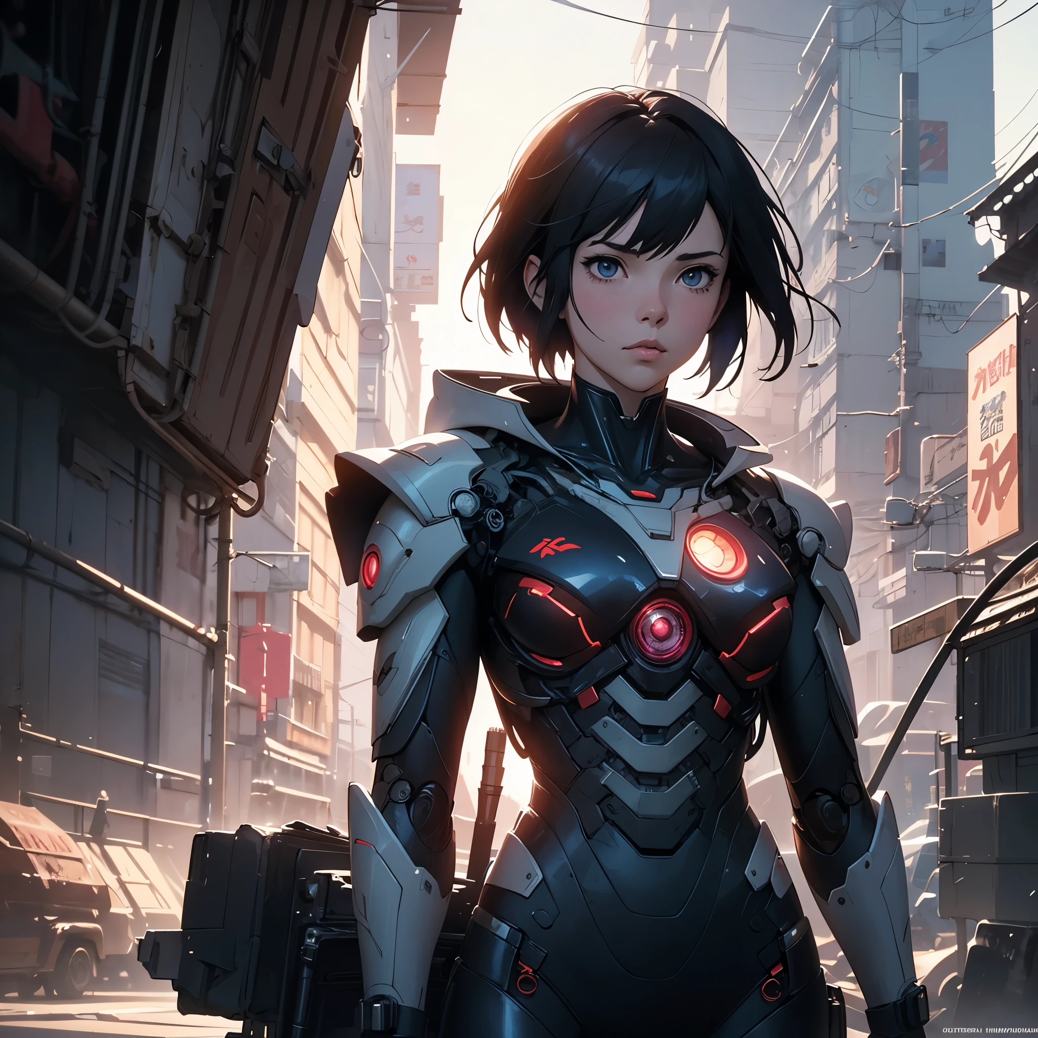 masterpiece, best quality, ultra detailed, 4K, no bad anatomy and fingers, stylish pose, hands on hips, standing, cyborg beautiful girl, face like a Paris Collection model, asymmetrical bob cut with mesh highlights, wearing dress armor by top designer, flight unit on her back, outside ruins after sunset, giant Mars in the background, anime style, ink painting, rough lines, tilted camera to make her look imposing, cinematic ,