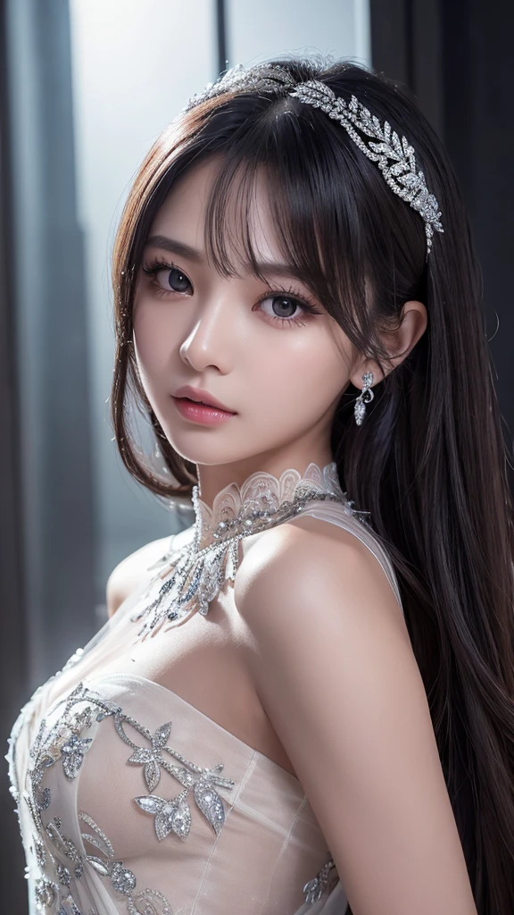 (masterpiece, highest quality: 1.4), Detailed Background, White Crystal, Crystal clusters,Long Hair,jewelry, Earrings, necklace, Crown, bride, Gray Hair, Hello,
