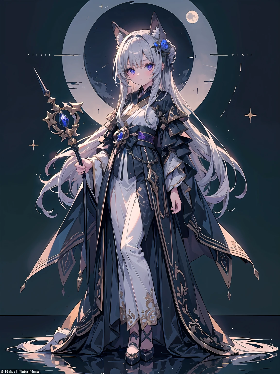 ((Highest quality)), ((masterpiece)), (detailed), One woman,Gold patterns on clothes,Silver Hair,Aspect ratio 3:4,The background is mandala style with blue as the main color.,Dark fantasy、god々Successfully,A Chinese dress inspired by knights,Hair straightening