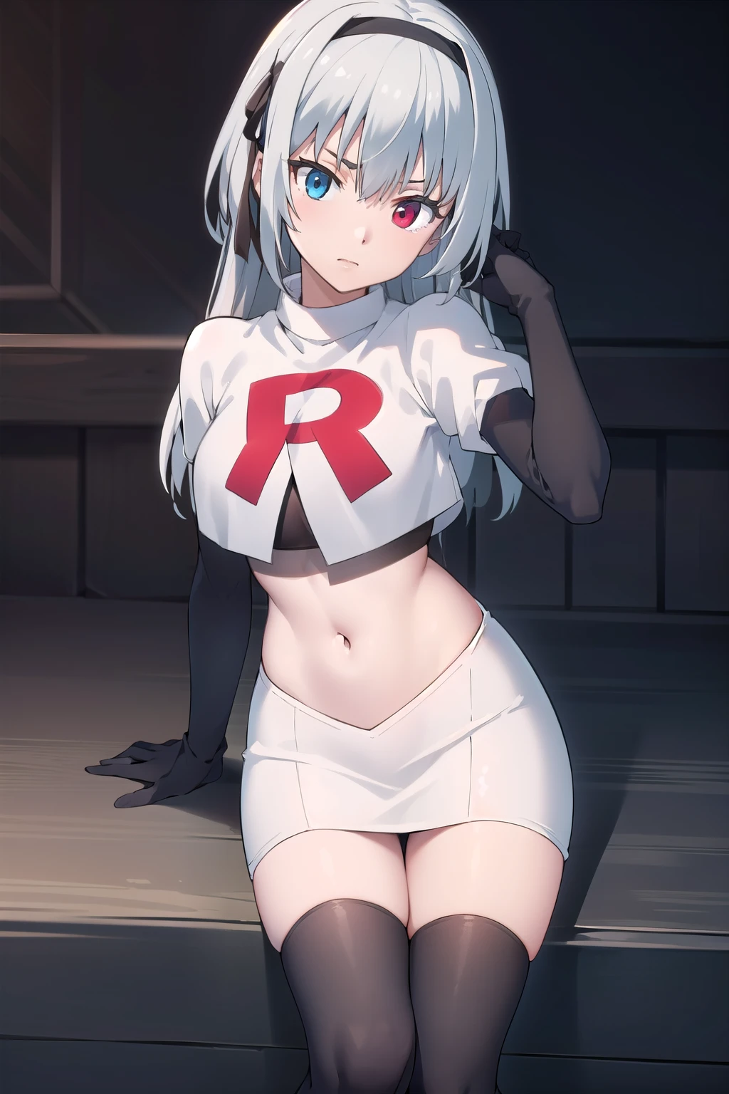 (masterpiece:1.2), Best Quality,((((High resolution)))), unity 8k wallpaper, (shape:0.8), (Highly detailed face), Perfect lighting, (((Extremely detailed CG))),(((1girl))),bangs,black Hairbands,blue eyes,Eyebrows visible through hair,Hair between the eyes,Hair Ribbon,Hairbands,maid headdress,Heterochromia,jewelry,Long Hair,looking at viewer,Red eyes,hair ribbon,Silver Hair,team rocket,team rocket uniform,white skirt,red letter R,crop top,black thigh-highs,black elbow gloves