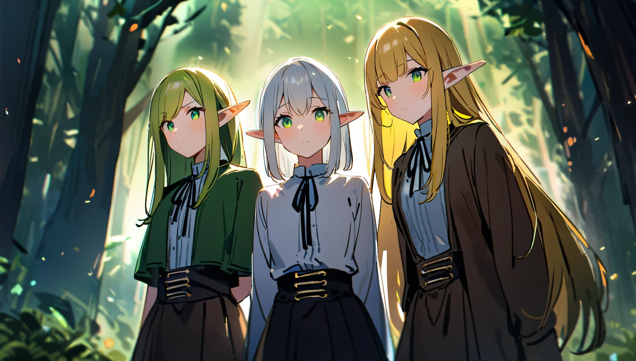 3 elves, 3 girls, 3 elf, forest background, one whit white hair, one with green hair, one with blonde hair and green eyes a little bit taller than the other, 8k, dramatic lighting, wearing slave clothes