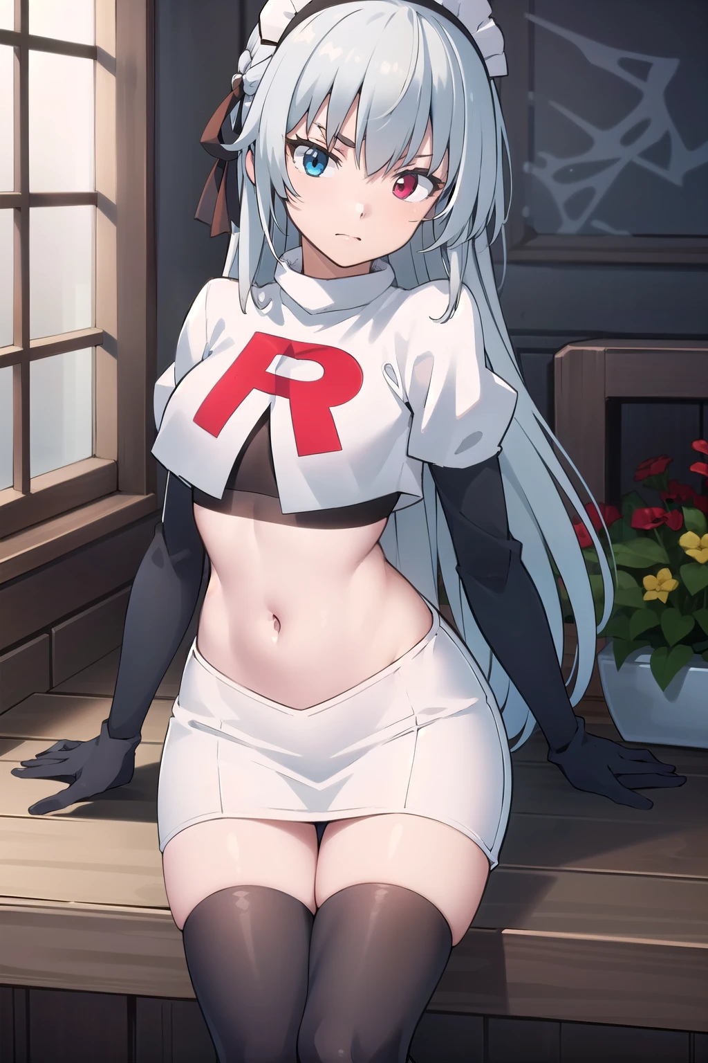 (masterpiece:1.2), Best Quality,((((High resolution)))), unity 8k wallpaper, (shape:0.8), (Highly detailed face), Perfect lighting, (((Extremely detailed CG))),(((1girl))),bangs,black Hairbands,blue eyes,Eyebrows visible through hair,Hair between the eyes,Hair Ribbon,Hairbands,maid headdress,Heterochromia,jewelry,Long Hair,looking at viewer,Red eyes,hair ribbon,Silver Hair,team rocket,team rocket uniform,white skirt,red letter R,crop top,black thigh-highs,black elbow gloves