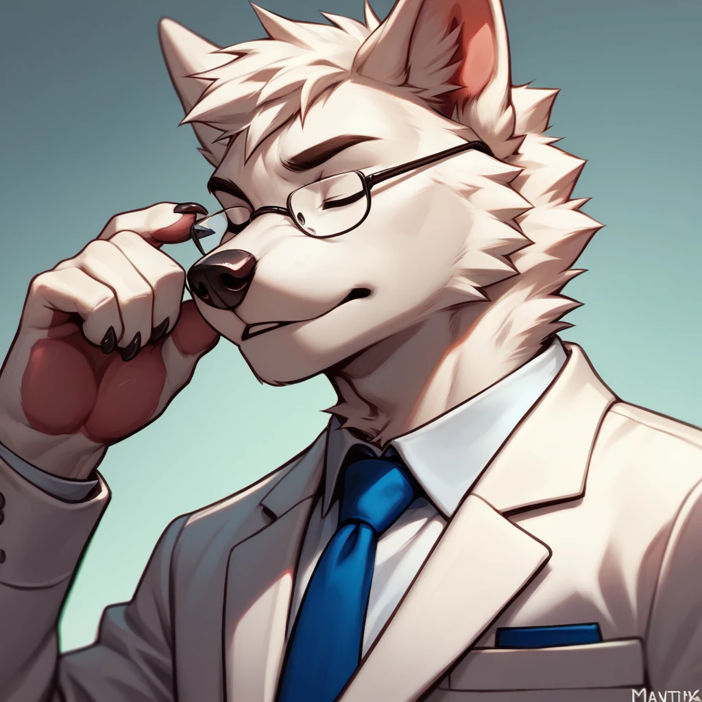 detailed art, appearance: Alone, furry, white wolf, Pompadour hairstyle, normal attitude, attire: A white suit, and a blue tie. He wears circular glasses, adding a formal look, bottom: magenta, pose: head tilted, adjusting his glasses, eyes closed, angle shot: only the face.