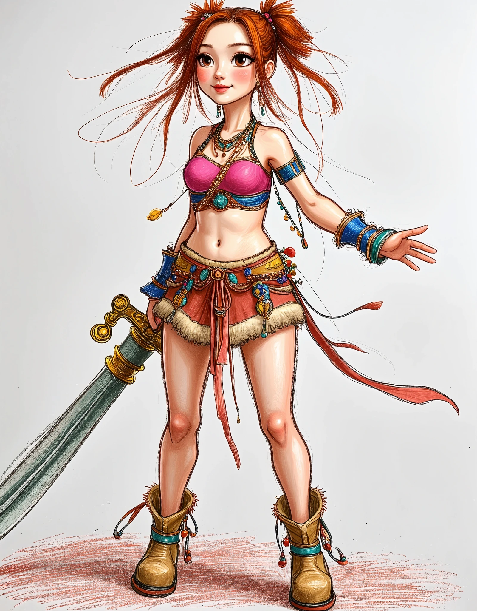 This is a highly detailed CGI or photo artwork featuring a , slender, fair-skinned woman with a confident, dynamic pose. She has auburn hair styled in two high ponytails with loose, wavy strands framing her face. Her facial features are delicate and expressive, with a slight smile. She wears a pink, strapless top that accentuates her breasts, and a short, brown, fur-lined skirt that flares out, revealing her toned legs. Her accessories include a variety of colorful, beaded necklaces and bracelets, giving her a bohemian, tribal vibe. She carries a large, ornate sword with a golden handle and a sheath decorated with intricate patterns. Her right arm is bent, with her hand resting on her head, and her left arm is extended, as if she is mid-dance or movement. She wears beige, fur-lined boots with a chunky heel, adding to her adventurous, warrior-like appearance. The background is pure slate stone, which makes her vibrant and detailed outfit and accessories stand out prominently. The overall style is a blend of fantasy and action, with a focus on intricate textures and vibrant colors.
