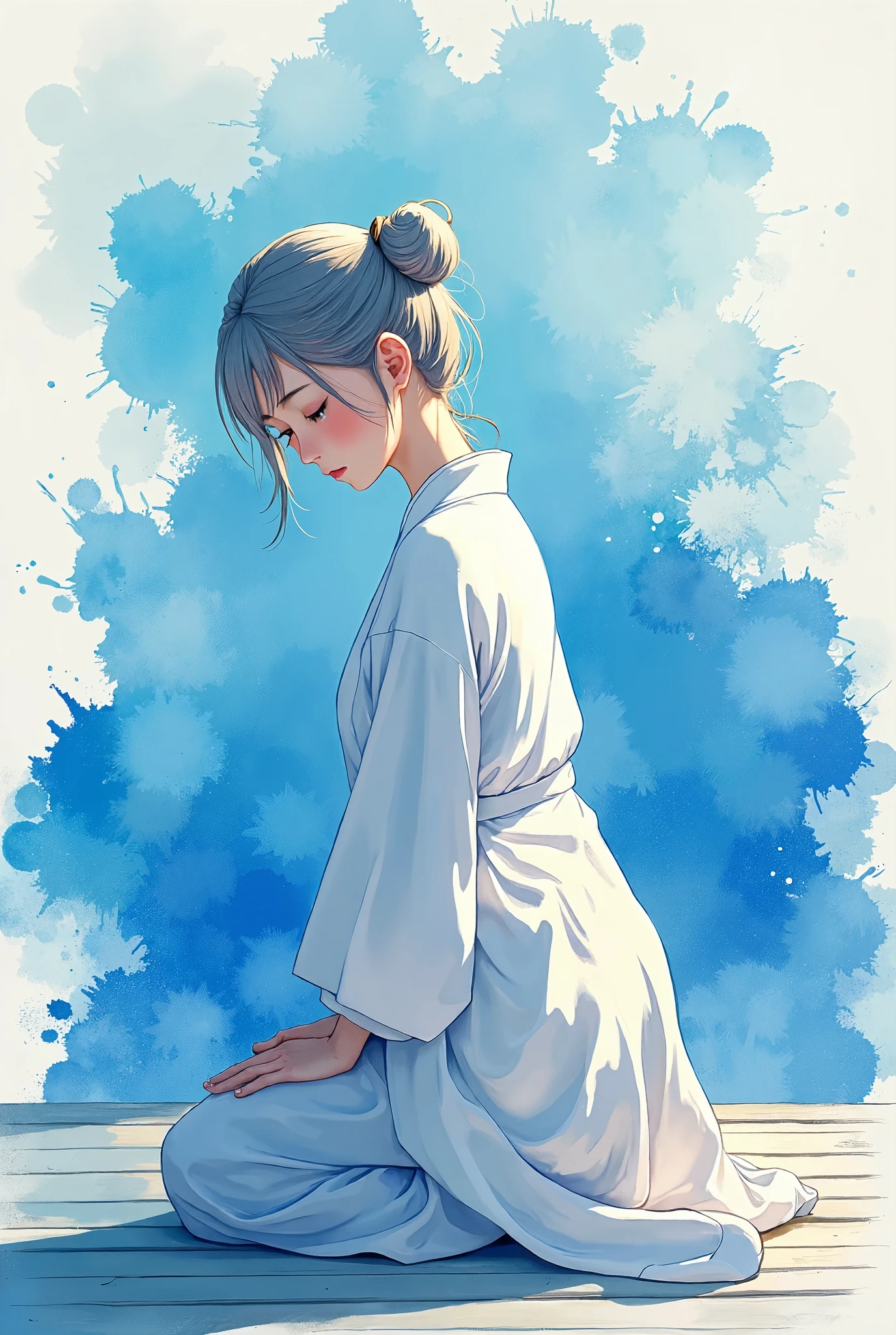 Splash background and spray paint effect, Katsushika Hokusai, Tunic, Body on knees, Hair Bun, Teary-eyed, dusk, watercolor, watercolor, watercolor風, watercolorの詳細なアート, watercolor digital painting, watercolor paints, 非常に精巧なwatercolor, watercolor，Japanese women，1, Long Hair, Grey Hair、Based on blue